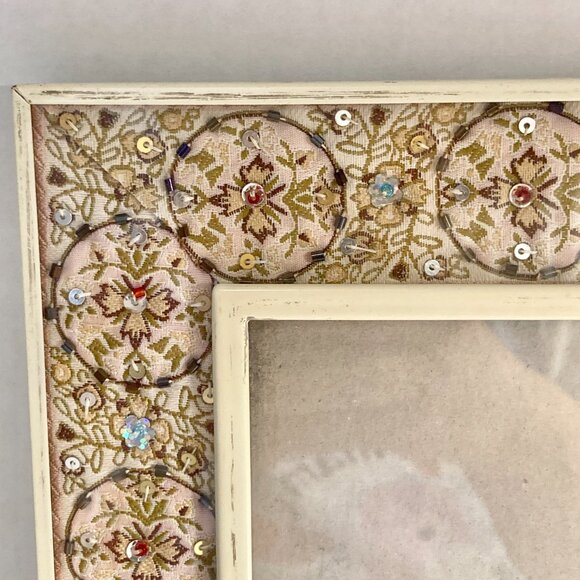 Vintage Fabric Sequin Bead Picture Photo Frame 4" X 6" Glass Shabby Cottage Core - Picture 4 of 11